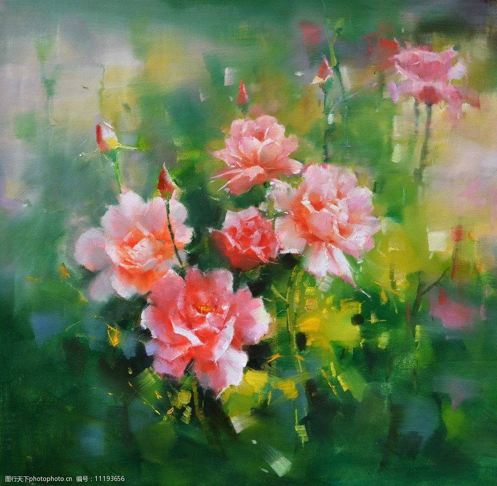 油画中的月季花 色彩与生命的交织