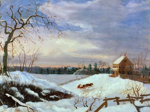 冬季雪景 下雪天 风景人物油画